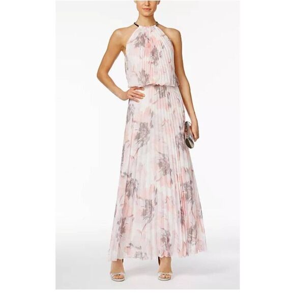 MSK Womans White, Pink and Grey Floral Print Halter,  Allover Pleated Maxi Dres, - Picture 1 of 11